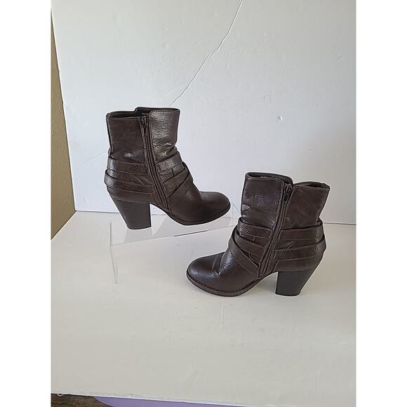 JUSTFAB Willena WMS 5.5 Boots Brown Mid Calf Block Heels Booties Buckle Zip - Picture 3 of 12